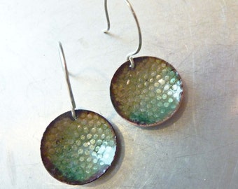 Snakeskin Enamel on Copper Earrings, Green Glass, Sterling Silver, Basse Taille, Round Lizardskin Embossed Metal Circle, Pebble RESERVED