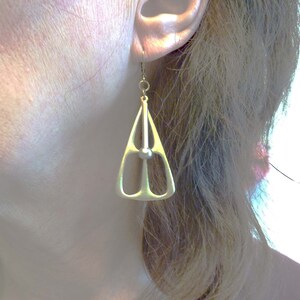 Mod Pendulum Earrings, Cast Bronze, Solid Brass Dangle, Geometric Triangle, Cut Out Gold Pendant, Vintage Style image 6