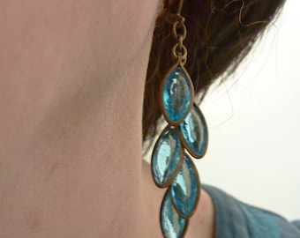 Cascading Leaves Earrings, Turquoise Crystal Bead Earrings, Rare Vintage Glass and Gold Brass, Organic Nature Jewelry, Boho