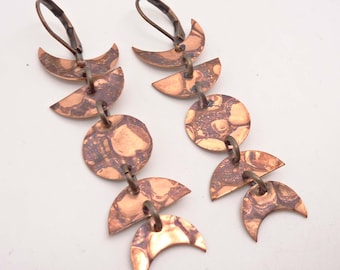 Vintage Copper Moon Phase Earrings: Hand-Cut Celestial Dangle