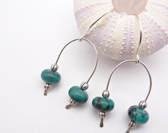 Turquoise Archway Earrings, Hammered Sterling Silver Wires, Horseshoe Shape, Turquoise Beads, Native American Inspired