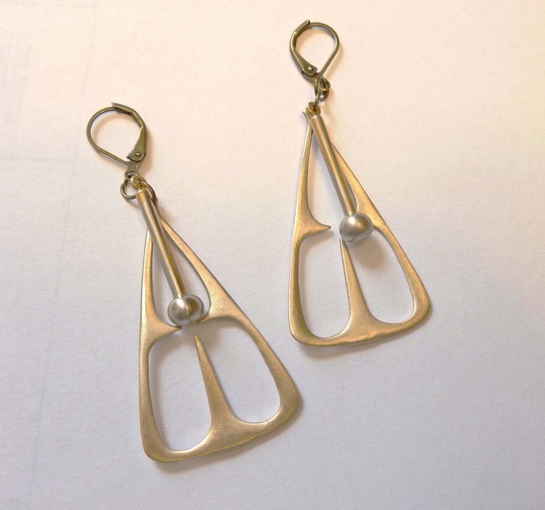 Mod Pendulum Earrings, Cast Bronze, Solid Brass Dangle, Geometric Triangle, Cut Out Gold Pendant, Vintage Style image 1