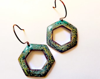 Speckled Enamel Hexagon Earrings, Crackle Enamel, Copper Enamel, Fused Glass, Sterling Silver Ear Wires, OOAK One of a Kind