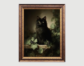 Mystic Black Cat Botanical | Vintage-Inspired Dark Academia Art Gothic Floral Cat Portrait Cottagecore Witchcore Wall Decor Ivy Oil Painting