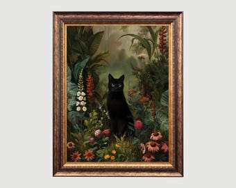 Floral Black Cat Vintage Art Print: Dark Cottagecore Decor (Digital Download)