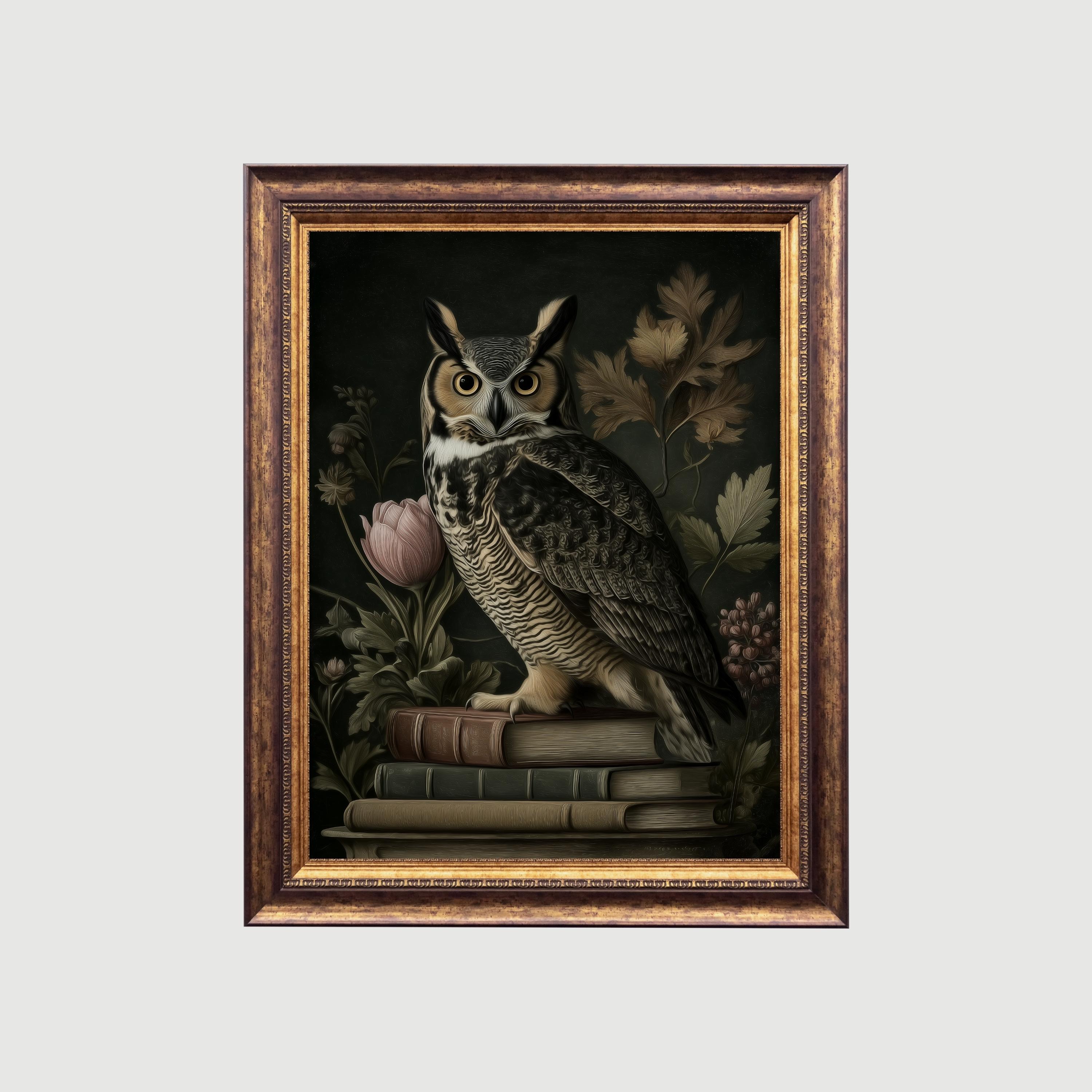 Owl on Books with Florals | Gothic Halloween Wall Art, Vintage Autumn Owl Painting, Whimsical Cozy P