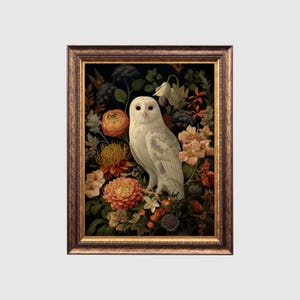 Owl in Bloom | Gothic Owl Portrait, Dark Botanical Wall Art, Witchcore Decor, Baroque Nature Print, Moody Animal Illustration, Fairycore