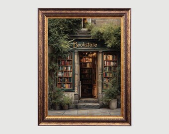 Vintage Bookstore | Library Print, Book Lover Gift, Witchy Books Vintage Print, Dark Academia Printable, Cottagecore Decor, Gothic Painting
