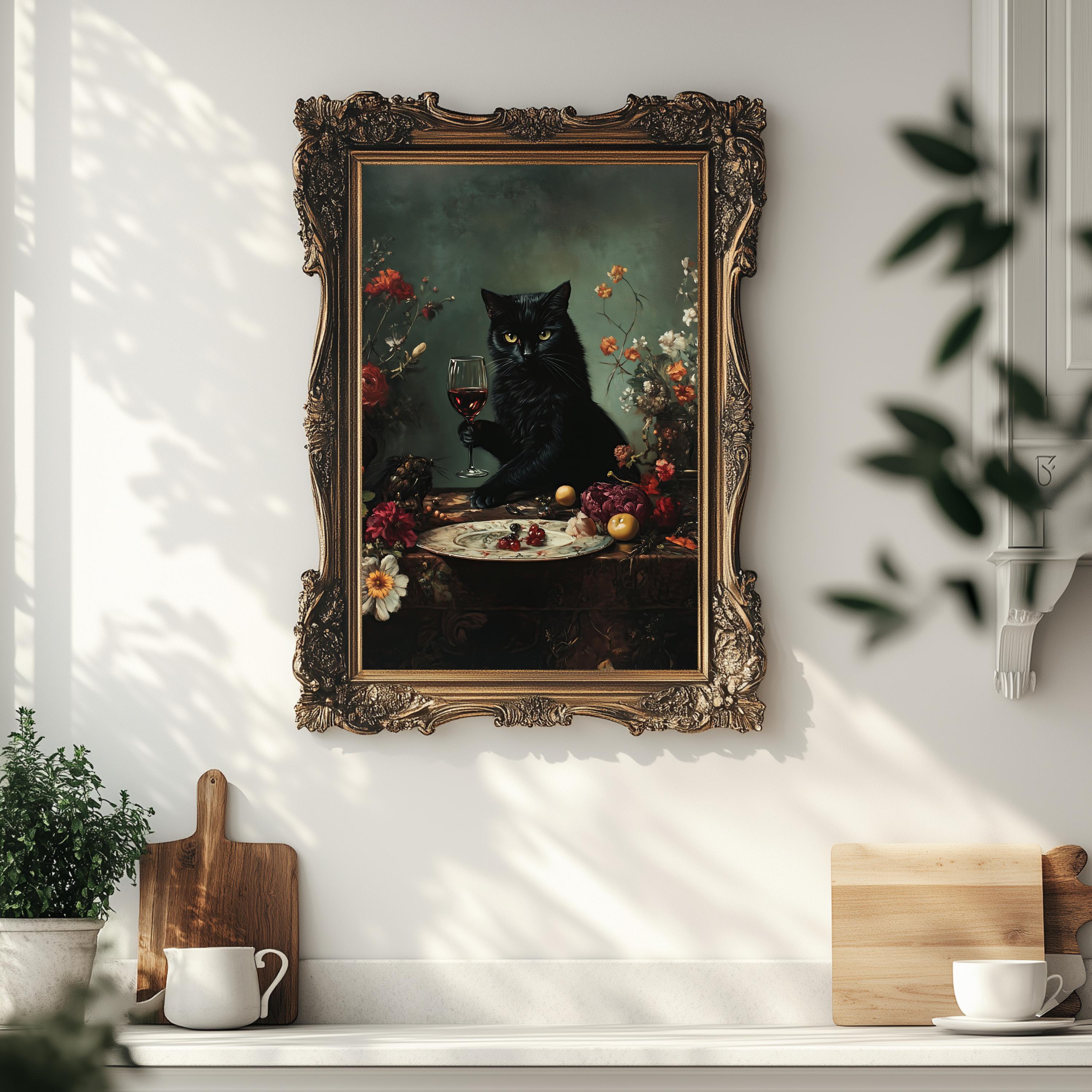 Black Cat Wine Art Print: Moody Gothic Kitchen Decor (digital Download ...