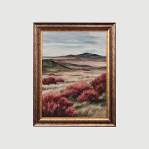 Maroon Wildflower Landscape | Vintage Art, Pink Moody Painting, Moody Red Pastoral Scenery Decor, Rustic Print, Cottagecore Oil Painting