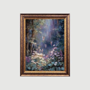 Fairy Meadow at Dusk | Whimsical Forest Fairies Printable, Cottagecore Wall Art, Ethereal Woodland Aesthetic, Dark Academia Digital Wall Art
