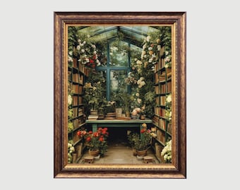 Greenhouse Library | Reading Nook Painting Printable, Book Lover Fantasy Poster Gift, Library Art Print, Bookish Wall Art, Bibliophile Decor