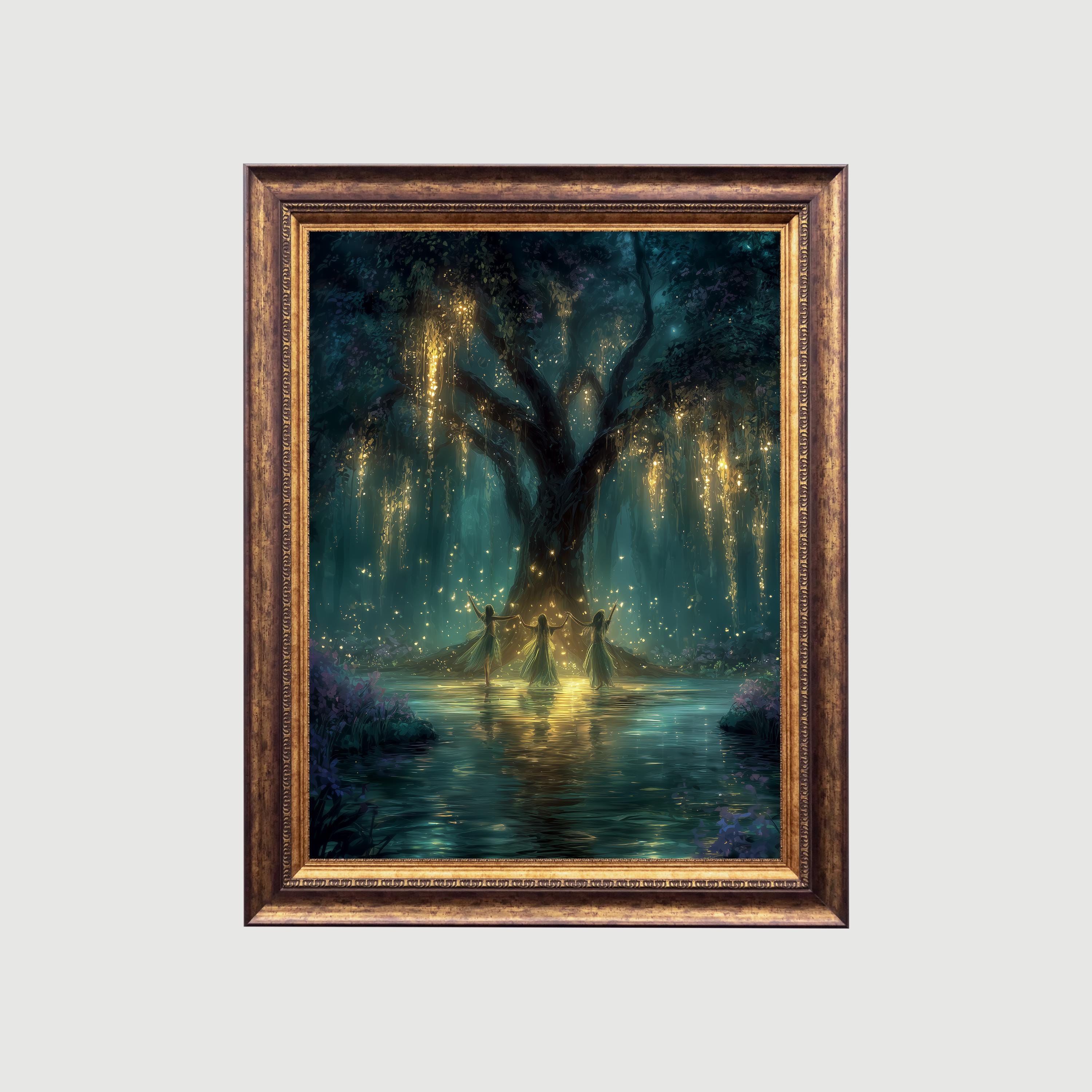 Ethereal Nymphs Dancing | Mystical Nymph Dance, Dreamy Forest Wall Art, Fairycore Aesthetic Printable, Willow Tree Fairies Illustration