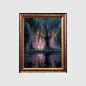 Two Tree Fairies | Oil Painting, Cottagecore Decor Dark Academia Art, Enchanted Illustration, Vintage Nature Wall Art Fantasy Aesthetic