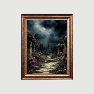 Lámina artística de jardín empapado por la lluvia/Cottagecore Dark Academia, arte mural de naturaleza melancólica, póster botánico vintage para sala de estar, dormitorio o galería.