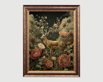 Botanical Deer Print: Moody Gothic Cottagecore Wall Art (Digital Download)