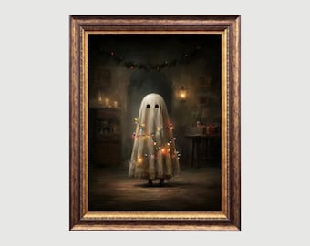 May include: A framed artwork depicts a ghost figure draped in a white sheet, adorned with colorful string lights. The ghost stands in a dimly lit room with a rustic, vintage aesthetic. The artwork is framed in a dark, ornate wooden frame.