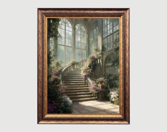 Greenhouse Staircase Oil Painting: Vintage Conservatory Art (Digital Download)