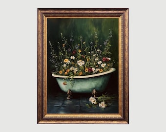 Kwiatowy nadruk na wannie: Sztuka ścienna do łazienki w stylu vintage z motywem botanicznym (pobranie cyfrowe)
