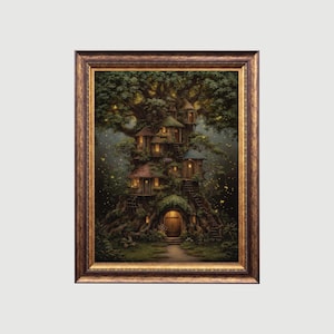 Whimsical Forest Treehouse | Cottagecore Fairy Art, Enchanted Forest Wall Decor, Magical Nature Illustration Vintage Oil Style Fantasy Print
