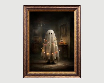 May include: A framed artwork depicts a ghost figure draped in a white sheet, adorned with a string of colorful lights. The ghost stands in a dimly lit room, evoking a Halloween or spooky theme. The artwork is framed in a dark, ornate wooden frame.