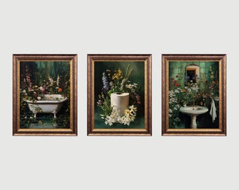Zestaw dekoracji Cottagecore z kwiatowymi motywami do łazienki w stylu vintage (do pobrania w wersji cyfrowej)