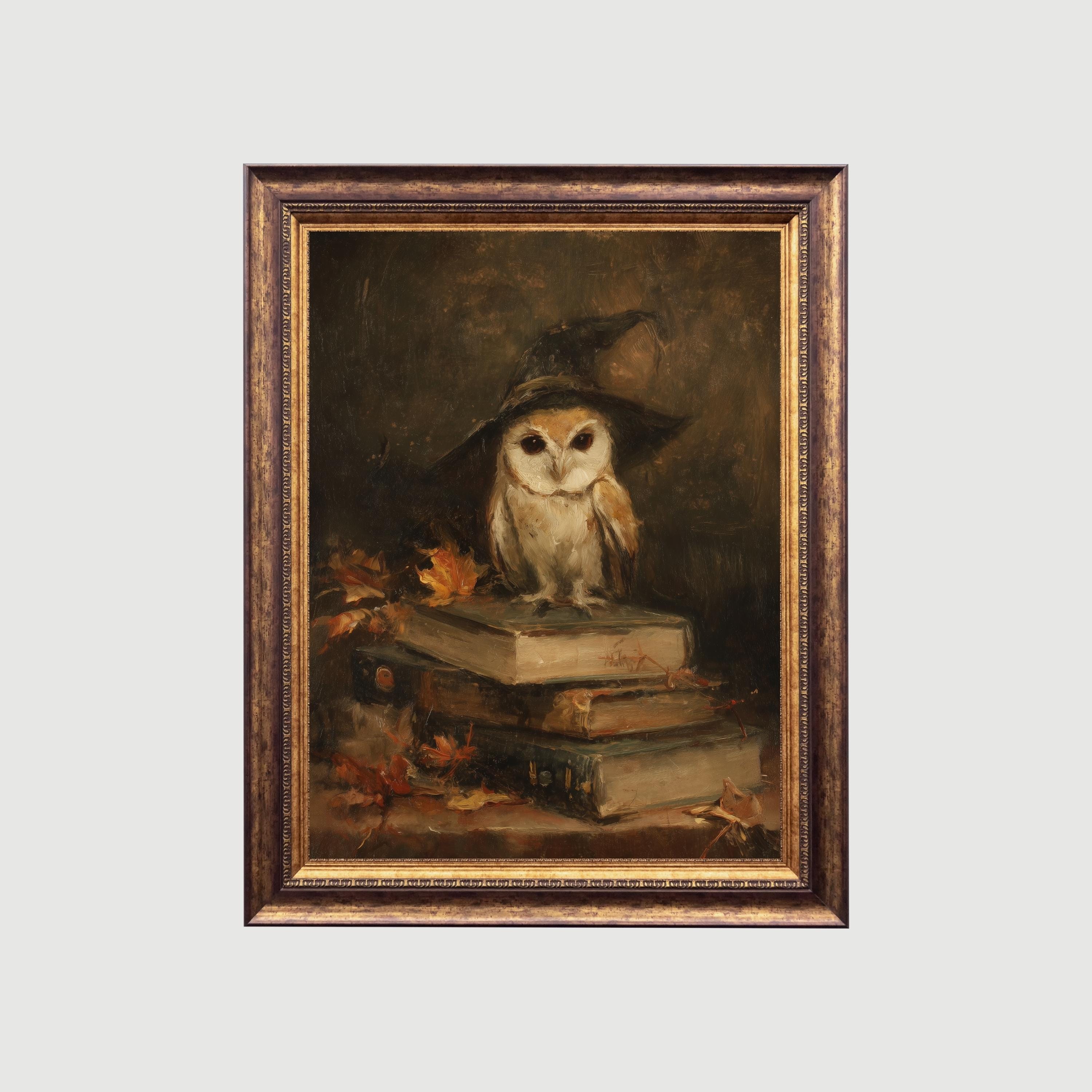 Owl with Witch Hat | Gothic Halloween Wall Art, Spooky Autumn Books & Leaves Painting, Whimsical