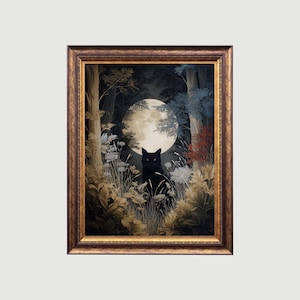 Mystic Moon Familiar | Gothic Witchcore Cat Art Print, Dark Forest Moonlight Wall Decor, Cottagecore Botanical Poster, Witchy Black Cat