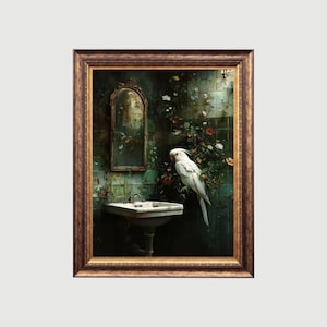 White Parrot | Bathroom Wall Art, Green Powder Room Prints, Cute White Parrot Whimsical Art Print Fun Animal Poster Restroom Painting