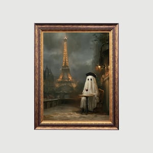Funny Ghost in Paris Print: Halloween Café, Eiffel Tower (Digital Download)