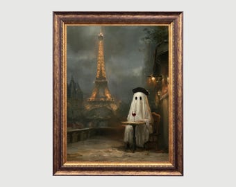 May include: A framed artwork depicts a ghost in a beret, seated at a table with a glass of red wine, in front of the Eiffel Tower at night. The painting has a vintage style with a dark, moody color palette and a gold-toned frame.
