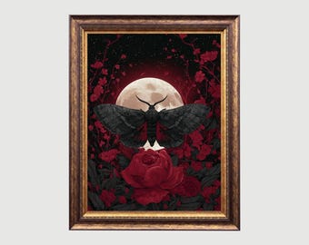 Arte gótico de polilla y luna: Impresión mística de rosa oscura (descarga digital)