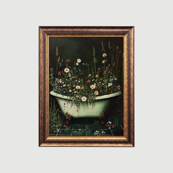 Badewannen Druck: Vintage Wildblumen Gemälde, Cottagecore Badezimmer Gemälde (Digitaler Download)