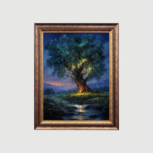Twilight River Willow | Oil Painting, Cottagecore Decor Dark Academia Art, Enchanted Illustration, Vintage Nature Wall Art, Rustic Aesthetic
