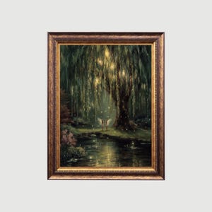 Willow Tree Fairies | Oil Painting, Cottagecore Decor Dark Academia Art, Enchanted Illustration, Vintage Nature Wall Art Rustic Aesthetic