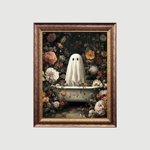Duch w rozkwicie | Kwiatowy nadruk na Halloween do łazienki, Ciemna sztuka ścienna Cottagecore, Dekoracja wanny z duchem w stylu vintage, Fantazyjny, jesienny wydruk estetyczny