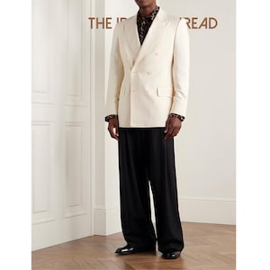 Men&#39;s Ivory Double-Breasted Suit: Peak Lapel Jacket, Black Trousers