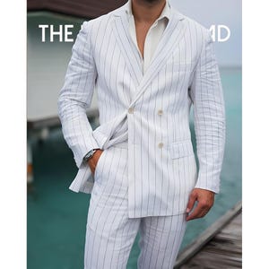 Men&#39;s White Pinstripe Double-Breasted Suit: Slim Fit Terry Rayon Blazer & Trousers
