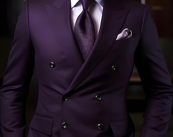 【VINTAGE】 double breasted setup purple Wedding Men's Purple Suits 2 Pieces Slim Fit Double Breasted