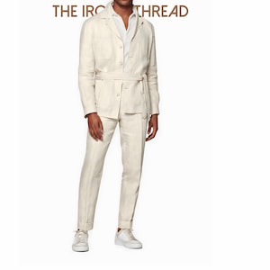 Men’s Lightweight Linen Belted Safari Suit – Natural Cream.