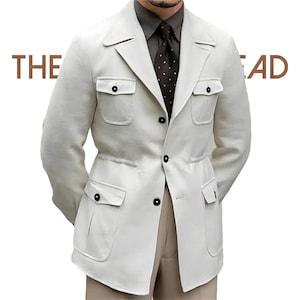 Men’s White Safari Blazer Jacket Tailored Cotton-Linen Blend with Utility Pockets.