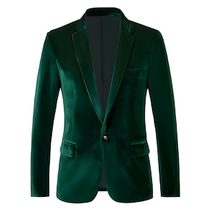 Men&#39;s Personalised Green Velvet Jacket One Button Notch Lapel Blazer Unisex.