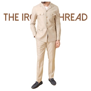 Men’s Beige Linen Safari Suit Set Lightweight Summer Blazer & Trousers.