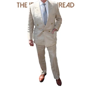 Men’s Beige Double-Breasted Linen Suit Classic Summer Wedding Suit Lightweight Natural Fit with Peak Lapels Vintage Riviera Style.