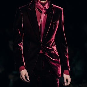 Men&#39;s Wine Velvet Suit: Slim Fit Tuxedo, 2-Piece Formal Wear