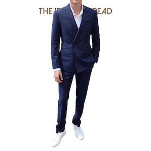 Men’s Navy Pinstripe Double-Breasted Suit Classic Slim Fit Business & Event Suit Modern Street Formalwear.