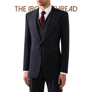 Men&#39;s 3 Piece Navy Blue Pinstripe Suit Peak Lapel Wool Blend Classic Formal Tailored Fit.