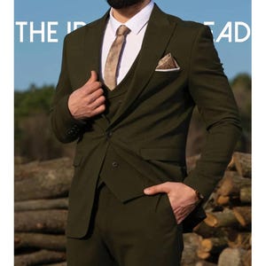 Men’s Dark Olive Green Three-Piece Suit Slim Fit Formal Suit with Vest.