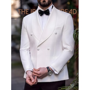 Ivory White Double-Breasted Shawl Lapel Tuxedo Jacket in Terry Rayon.