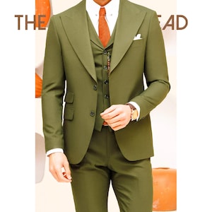 Men&#39;s Olive Green 3-Piece Suit: Slim Fit Wool-Rayon Blend